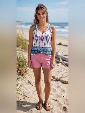 Avery White Tank with Pink & Blue Aztec Print